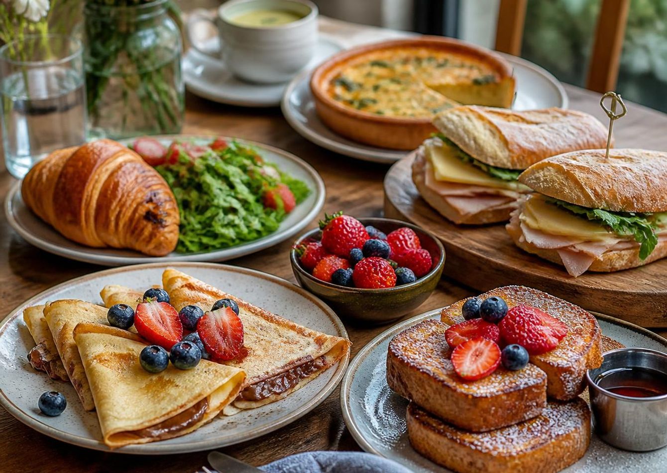 A beautifully styled table with European dishes including crepes, French toast, and sandwiches, arranged together in a warm inviting dining setting, realistic food photography, natural light, elegant presentatio.jpg