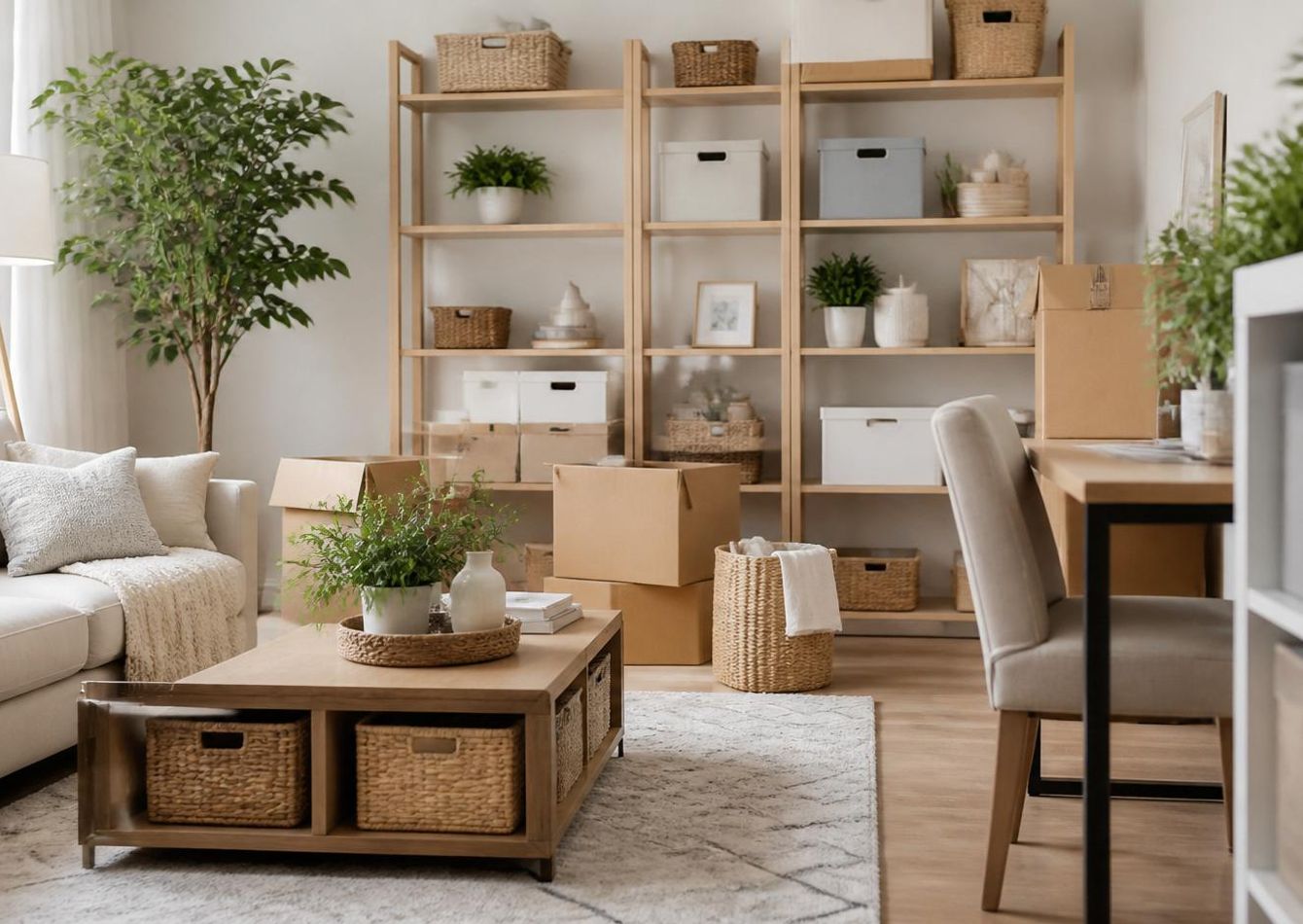 Professional home organizing business scene showing beautifully organized living space with decluttered wooden shelves, neatly arranged storage boxes and containers, moving boxes, plants, and home staging el (1).jpg