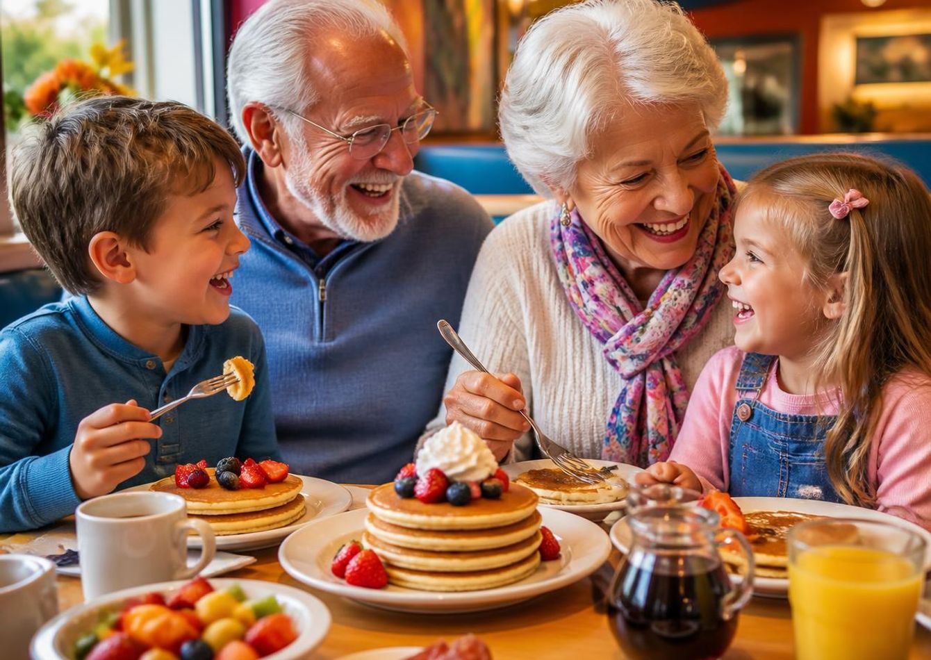 Happy grandparents with grandchildren enjoying breakfast at pancake restaurant, elderly grandmother and grandfather smiling while eating with kids, warm family dining moment, delicious breakfast food on table, j.jpg