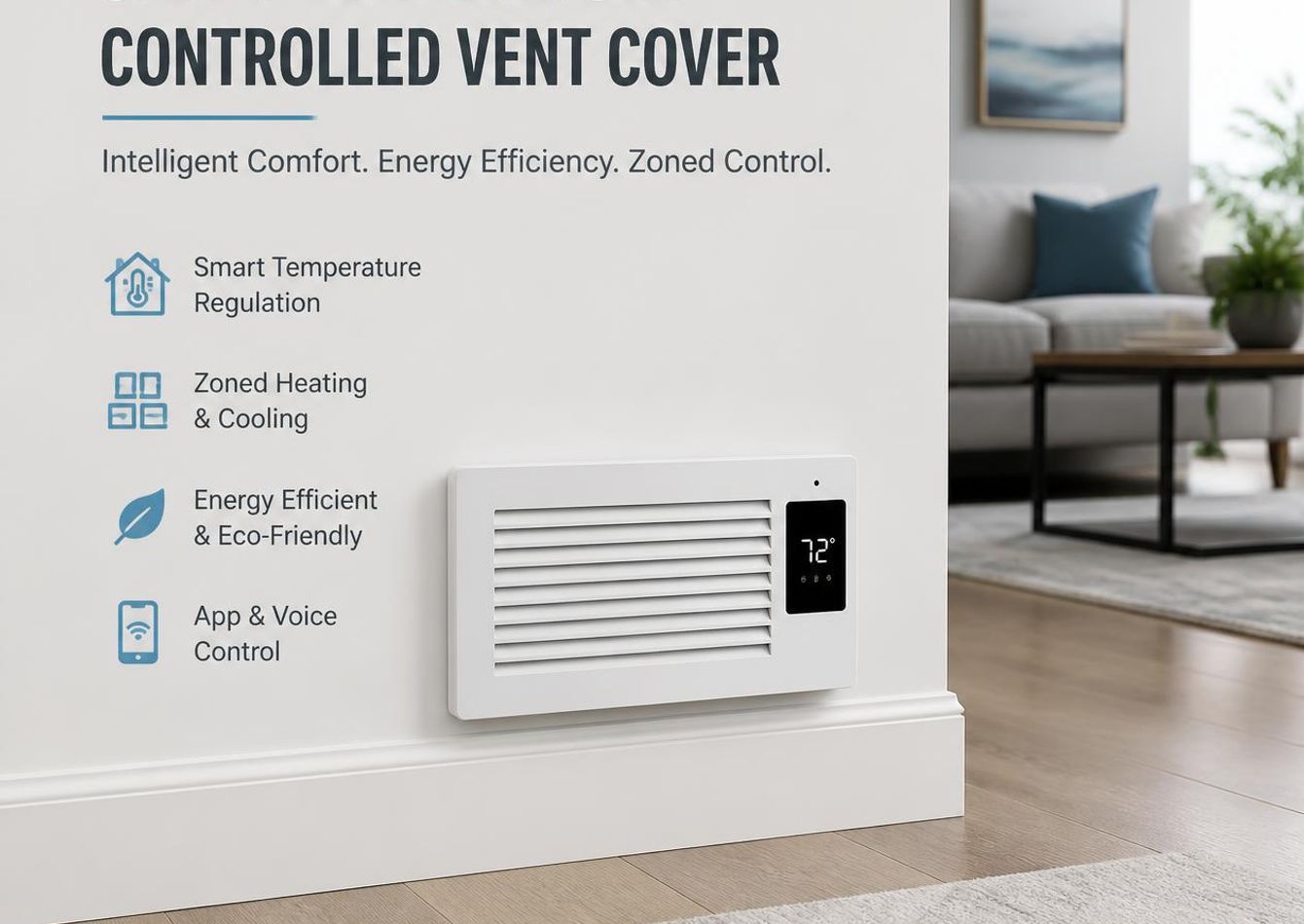 Professional business listing image showing smart temperature-controlled register vent cover on floor or wall, modern home interior, sleek ventilation control device, zoned heating and cooling system, energy-eff.jpg