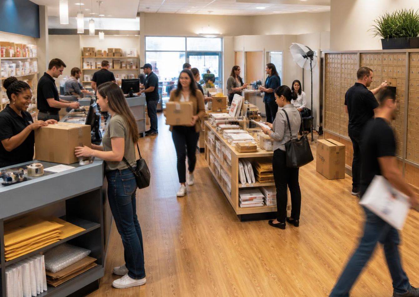 Lively independent retail shipping store interior, busy and energetic atmosphere, customers moving through the space, staff helping at the counter, physical mailboxes visible, business services area, live scan a.jpg